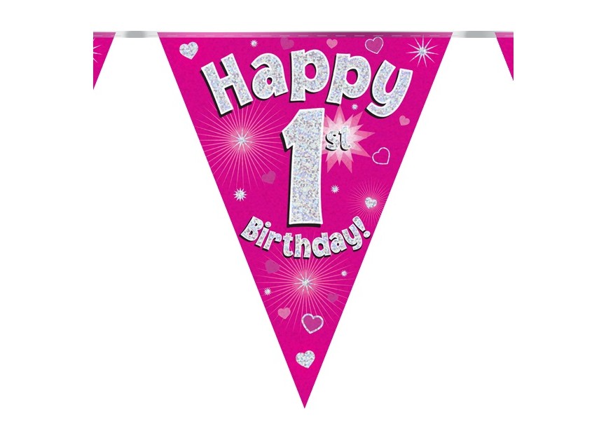 Party Flags - Happy 1st Birthday - Pink - 6 Stuks