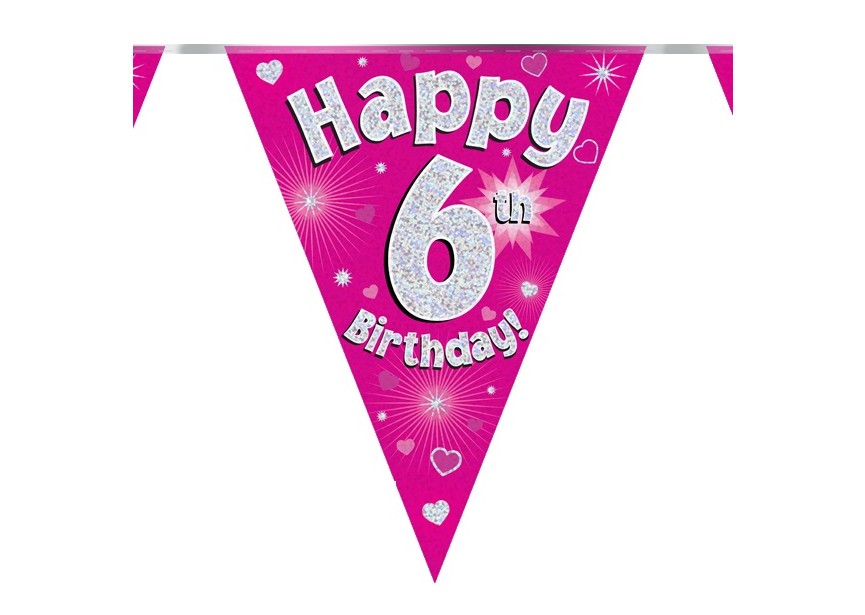 Party Flags - Happy 6th Birthday - Pink - 6 Stuks